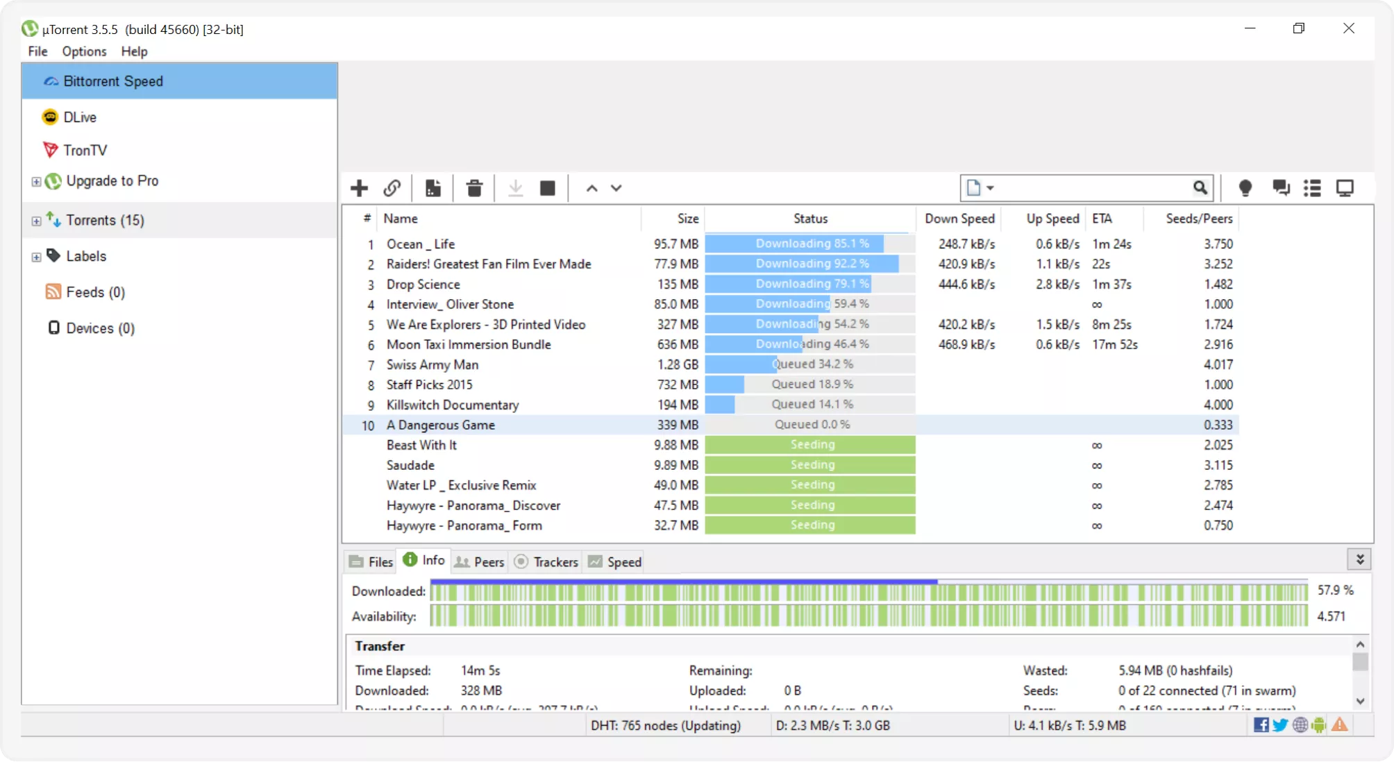 Интерфейс uTorrent - главное окно программы
